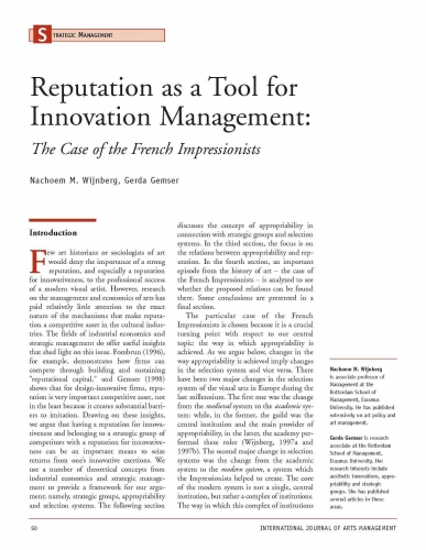 Reputation as a Tool for Innovation Management: The Case of the French Impressionists