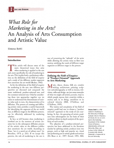 What Role for Marketing in the Arts? An Analysis of Arts Consumption and Artistic Value