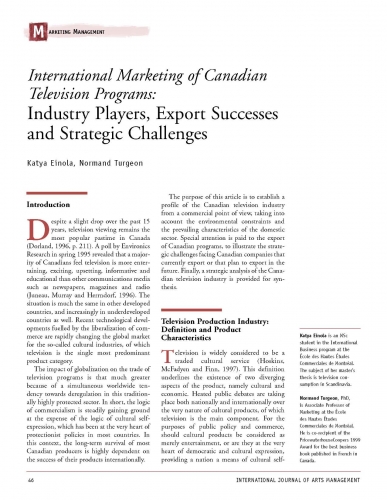 International Marketing of Canadian Television Programs: Industry Players, Export Successes and Strategic Challenges