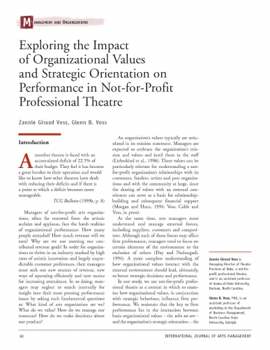 Exploring the Impact of Organizational Values and Strategic Orientation on Performance in Not-for-Profit Professional Theatre