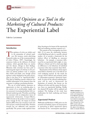 Critical Opinion as a Tool in the Marketing of Cultural Products: The Experiential Label