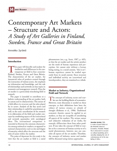 Contemporary Art Markets - Structure and Actors: A Study of Art Galleries in Finland, Sweden, France and Great Britain