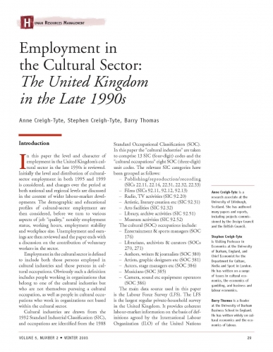 Employment in the Cultural Sector: The United Kingdom in the Late 1990s