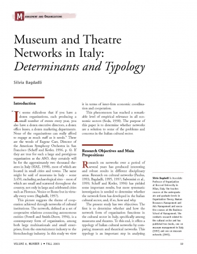 Museum and Theatre Networks in Italy: Determinants and Typology
