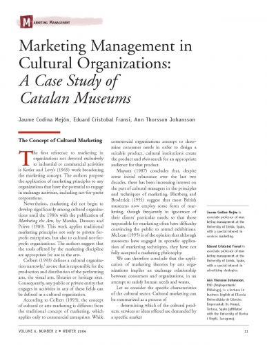 Marketing Management in Cultural Organizations: A Case Study of Catalan Museums