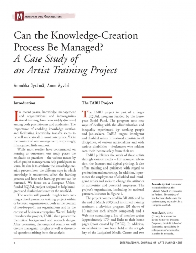 Can the Knowledge-Creation Process Be Managed? A Case Study of an Artist Training Project