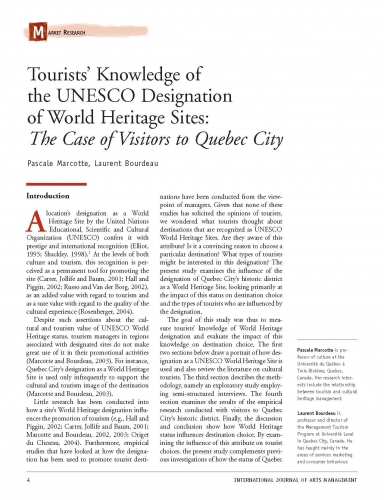 Tourists’ Knowledge of the UNESCO Designation of World Heritage Sites: The Case of Visitors to Quebec City