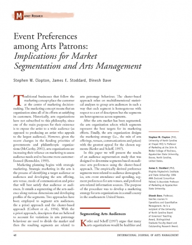 Event Preferences among Arts Patrons: Implications for Market Segmentation and Arts Management