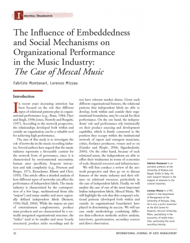 The Influence of Embeddedness and Social Mechanisms on Organizational Performance in the Music Industry: The Case of Mescal Music