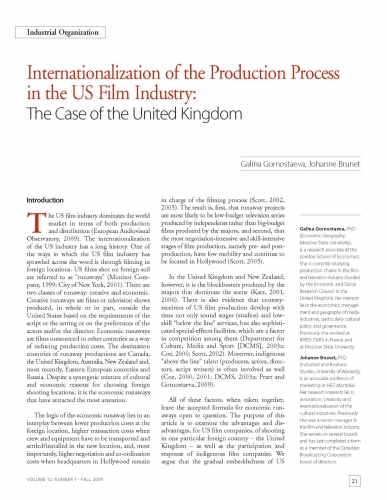 Internationalization of the Production Process in the US Film Industry: The Case of the United Kingdom