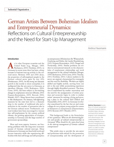 German Artists Between Bohemian Idealism and Entrepreneurial Dynamics: Reflections on Cultural Entrepreneurship and the Need for Start-Up Management