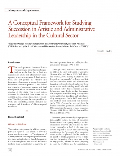 A Conceptual Framework for Studying Succession in Artistic and Administrative Leadership in the Cultural Sector