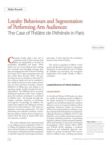 Loyalty Behaviours and Segmentation of Performing Arts Audiences: The Case of Théâtre de l’Athénée in Paris