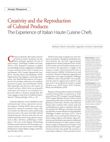 Creativity and the Reproduction of Cultural Products: The Experience of Italian Haute Cuisine Chefs