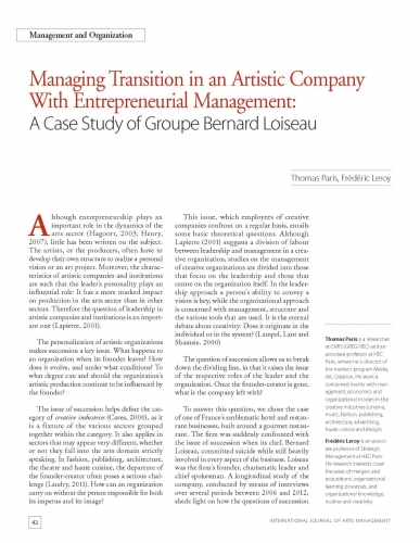 Managing Transition in an Artistic Company With Entrepreneurial Management: A Case Study of Groupe Bernard Loiseau