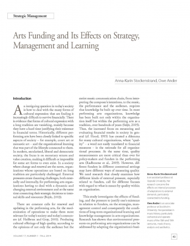 Arts Funding and Its Effects on Strategy, Management and Learning