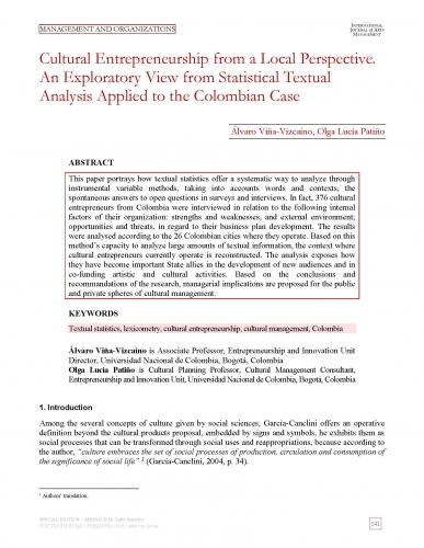 Cultural Entrepreneurship from a Local Perspective. An Exploratory View from Statistical Textual Analysis Applied to the Colombian Case