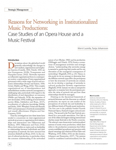 Reasons for Networking in Institutionalized Music Productions: Case Studies of an Opera House and a Music Festival