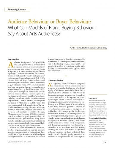 Audience Behaviour or Buyer Behaviour: What Can Models of Brand Buying Behaviour Say About Arts Audiences?