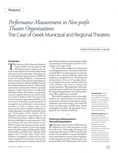 Performance Measurement in Non-profit Theatre Organizations: The Case of Greek Municipal and Regional Theatres