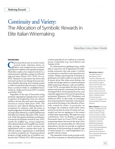 Continuity and Variety: The Allocation of Symbolic Rewards in Elite Italian Winemaking
