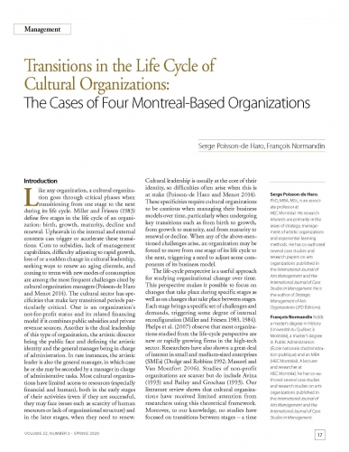 Transitions in the Life Cycle of Cultural Organizations: The Cases of Four Montreal-Based Organizations